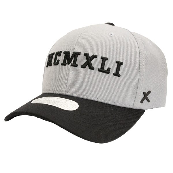Structured adjustable grey vintage hat from the side with black accents with roman numerals reading “MCMXLI” on the front for 1941
